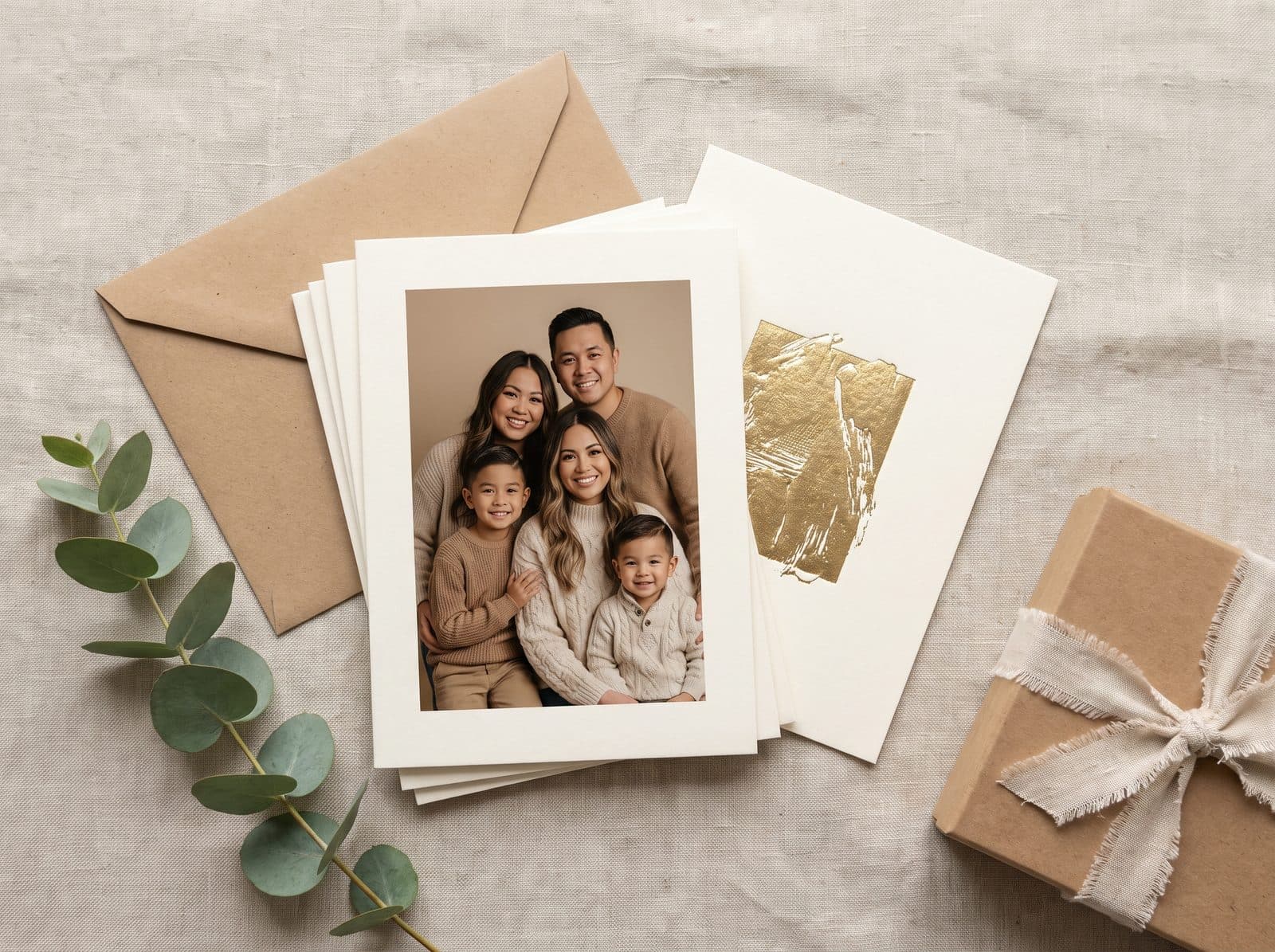 Cartes de vœux imprimées avec une photo de famille, enveloppes kraft