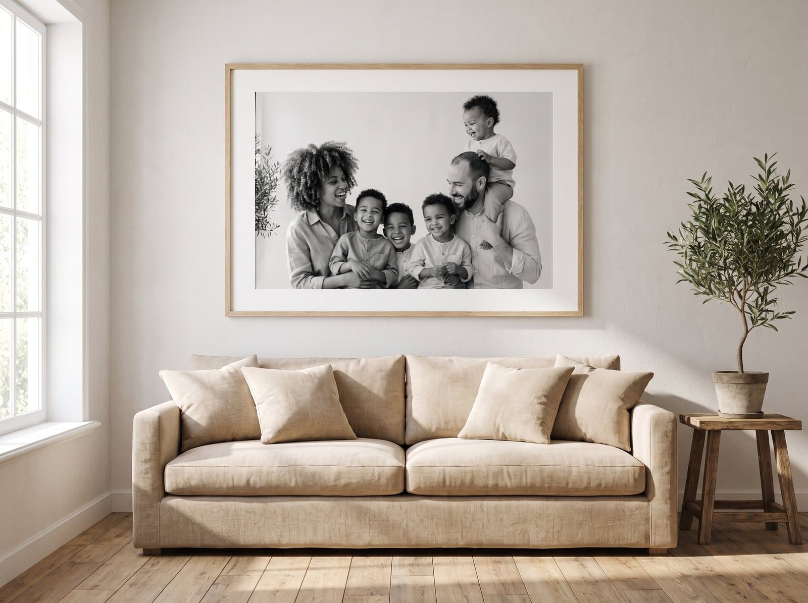 Un grand poster noir et blanc de la famille Wart au-dessus d’un canapé en lin