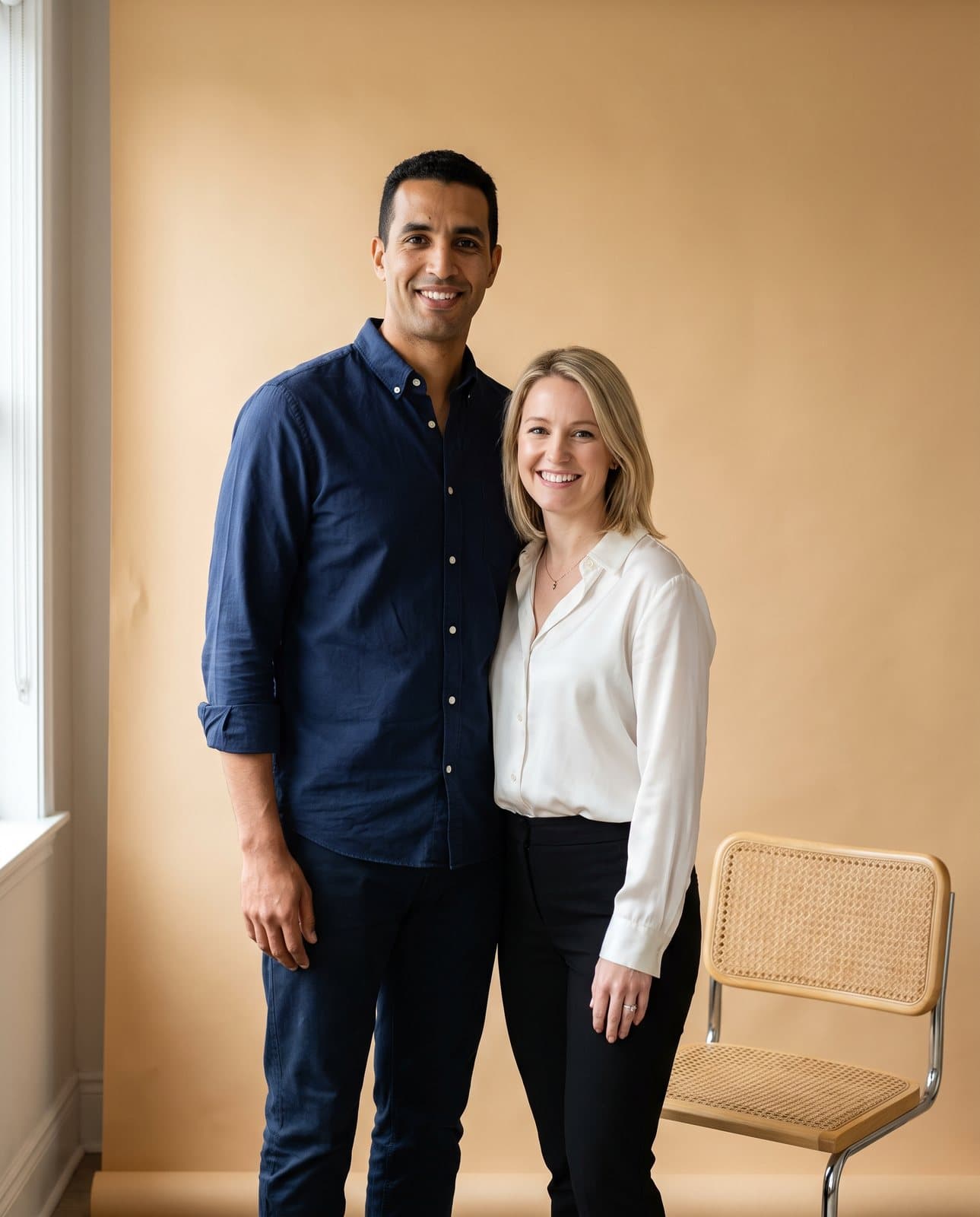 Couple en tenue professionnelle sur une chaise cannée, fond clair