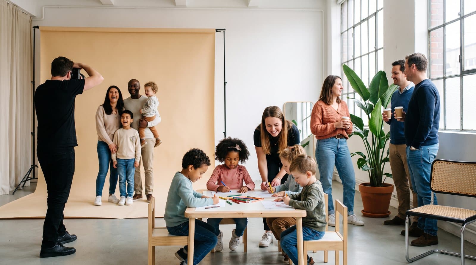 Journée familles en entreprise : le photographe installe une famille pendant qu’un atelier dessin occupe les enfants